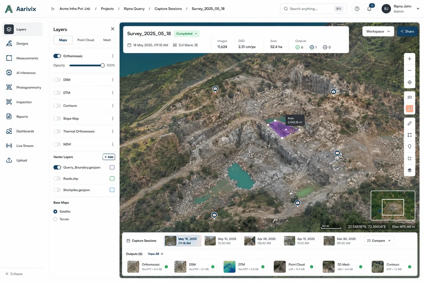 Aarivix workspace — quarry survey with area measurement